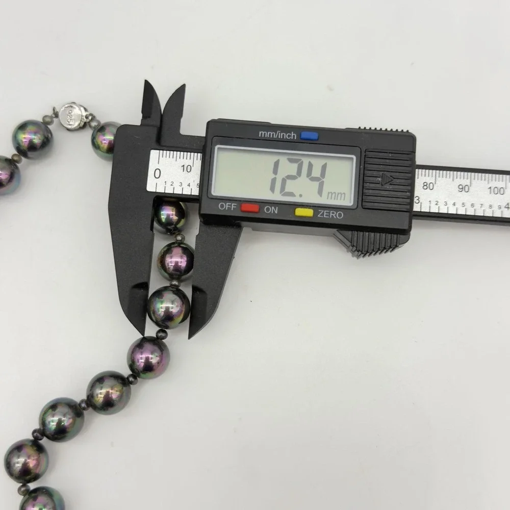 Vintage Peacock Faux Pearl Necklace 12.4 Mm Oilslick Sterling Silver Clasp 16